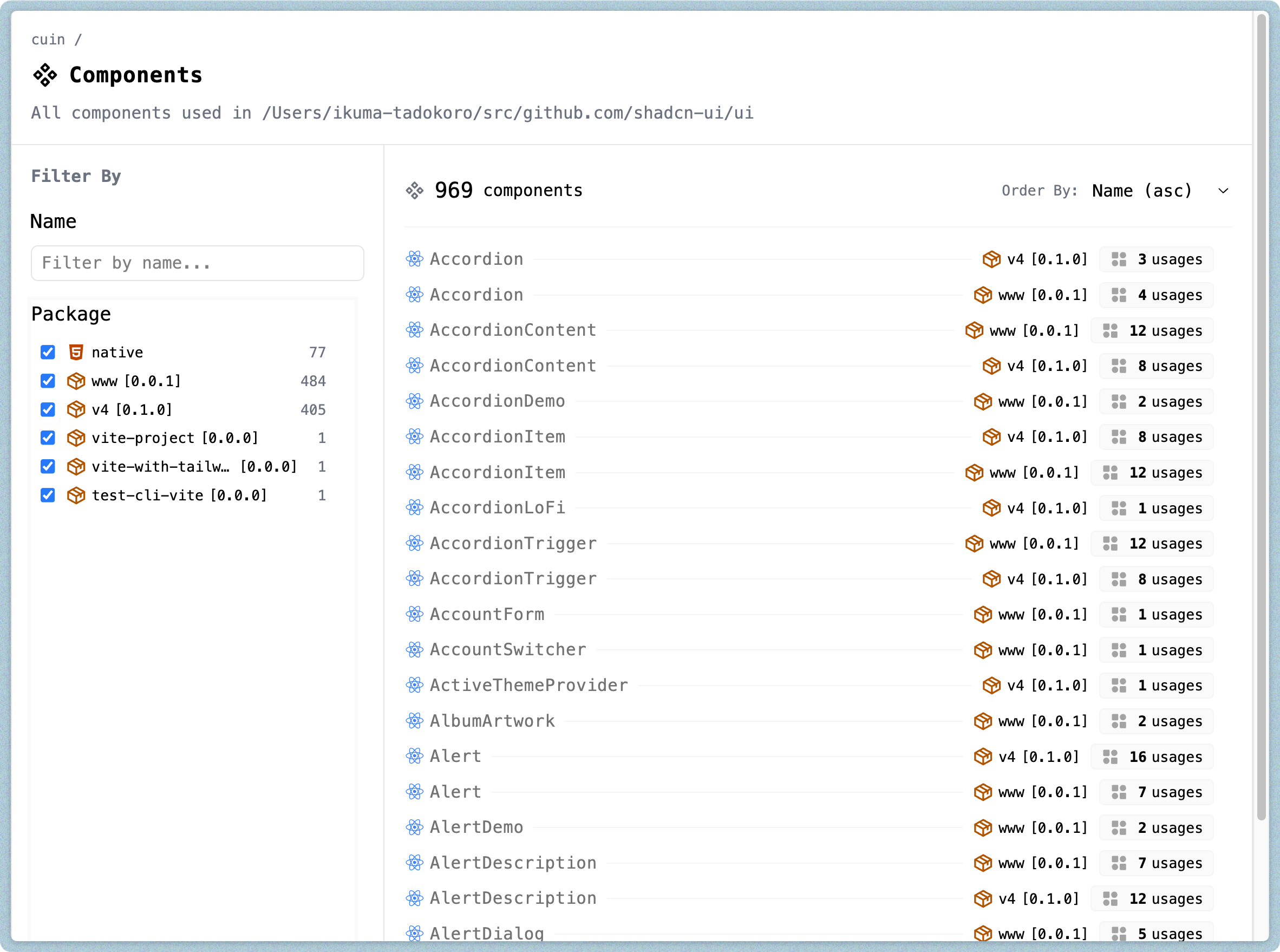 コンポーネント一覧ページのスクリーンショット